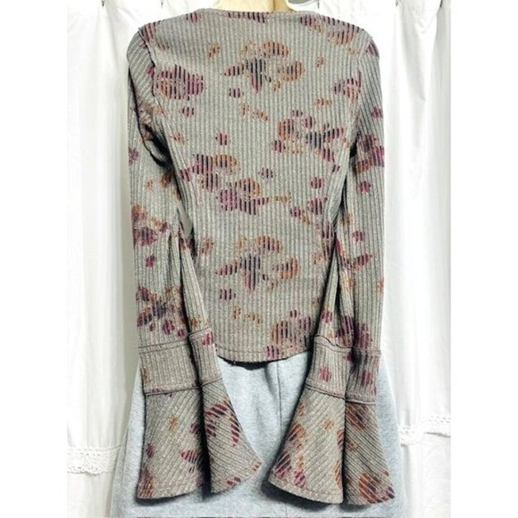 Free People Ribbed Floral Henley Bohemian, Cottage Bell Long Sleeves Sweater Sm - Picture 6 of 9